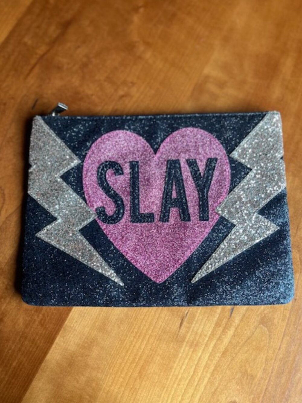 Express Slay Glitter Design Lightning Bolt Clutch In Black